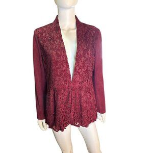 Chicos Womens Burgundy Lace Peplum Open Front Blazer Jacket Size 0 Small EUC